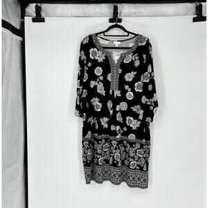 NWT J Jill Women's Black and White Floral Print Knit Midi Dress - Size L